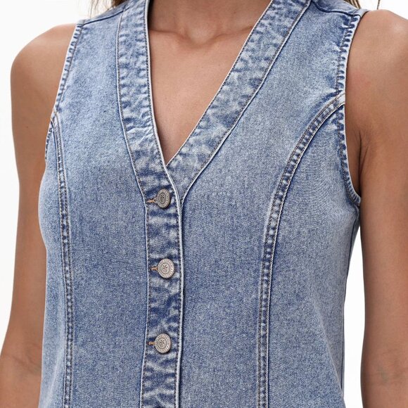 Frye Sleeveless Mini Dress Light Blue Denim V-Neck Metal Buttons Womens Size L - Picture 4 of 10
